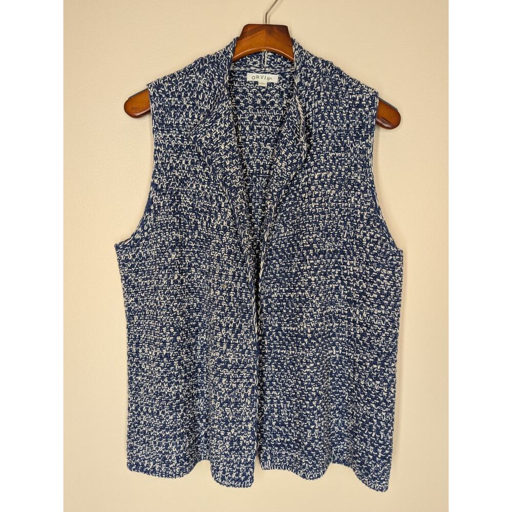 Orvis Womens Basketweave Knit Sweater Vest Cardigan Blue White Nautical Sz Large